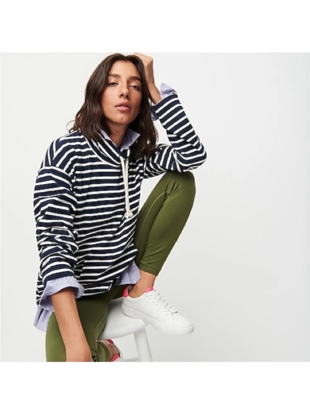J.Crew Striped Navy and White Pullover Hoodie Size L